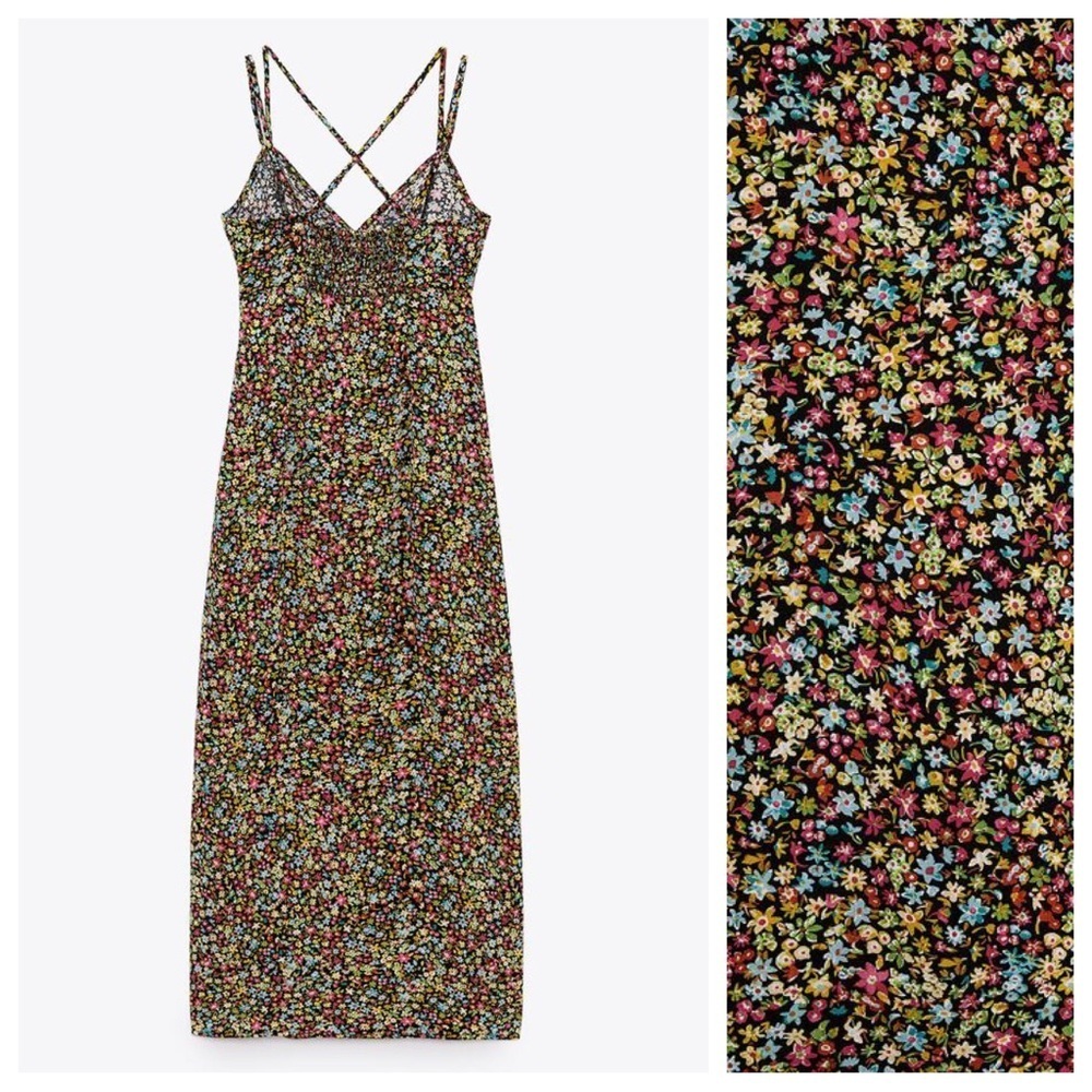 NWT. Zara Small Flowers Print Midi Dress with a V-neckline. Size S. - Picture 7 of 12